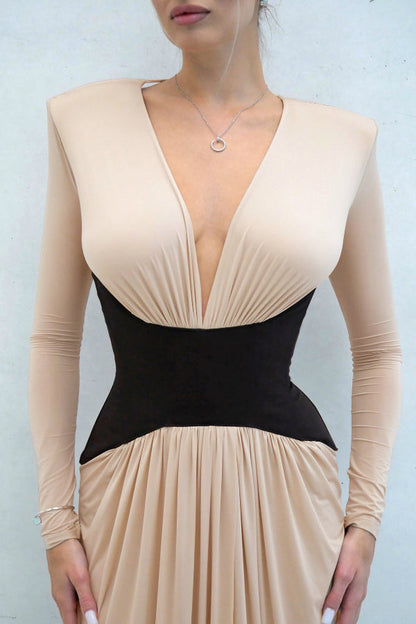 Stylish Color-blocked V-neck Long-sleeved Elegant High-slit Slim-fit Maxi Dress