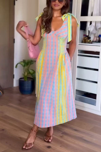 Sweet Colorful Plaid Scoop Neckline Adjustable Shoulder Ties Pocket Midi Dress