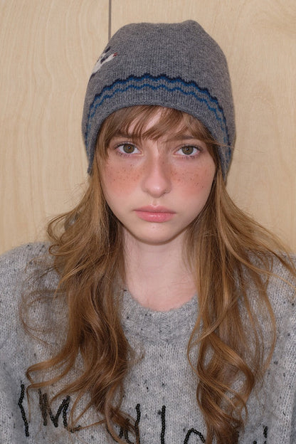 Pure Wool Cat Pattern Color Block Soft Knitted Hat