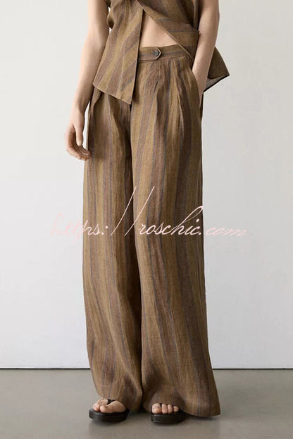 Aloof Style Striped Linen Blend Halter Vest and High Rise Button Pocket Wide Leg Pants Set