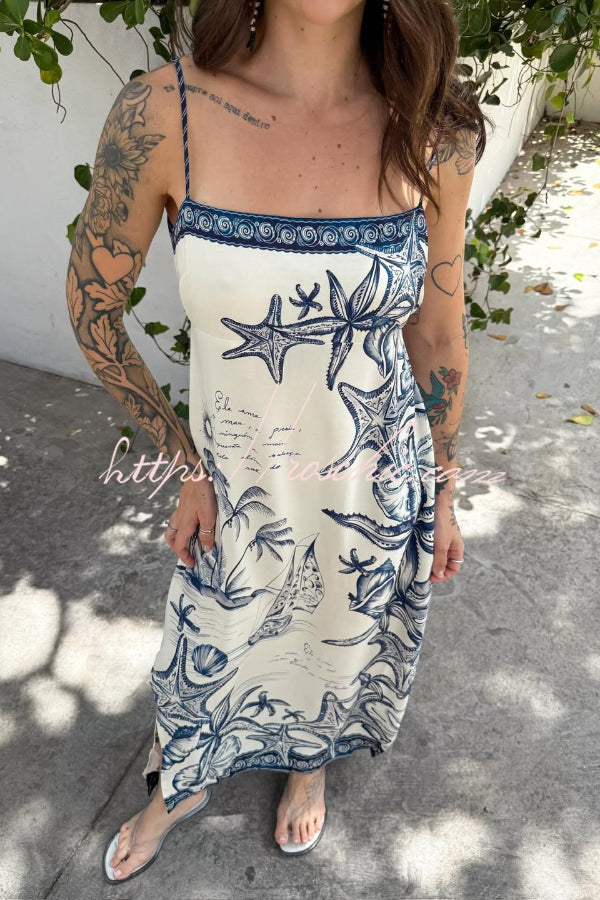 Starfish Print Sleeveless Square Neckline Back Tie-up Vacation Maxi Dress