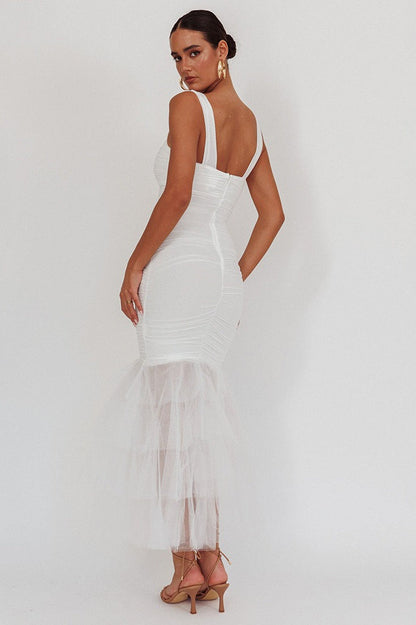 Mesh Insert  Spaghetti Strap Ruched Prom Dress