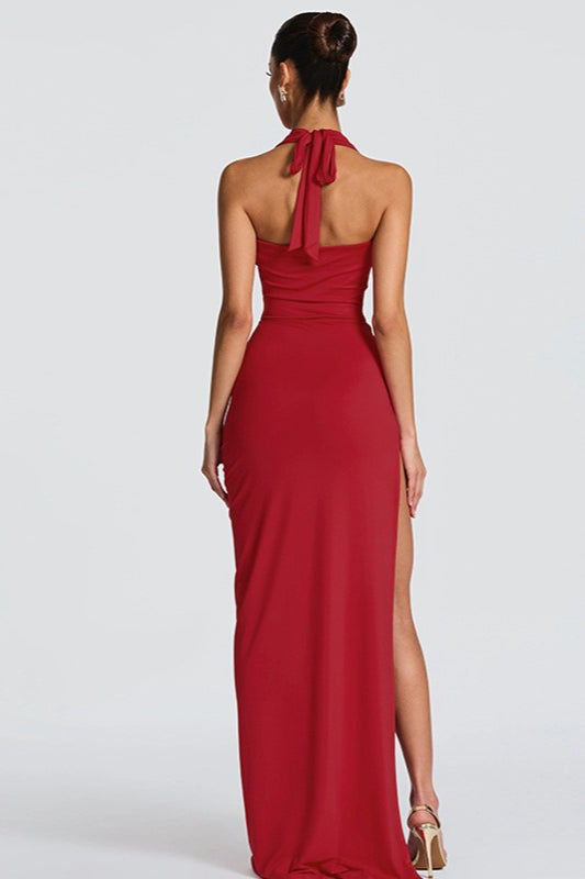Deep V Halter Backless Slit Formal Dress