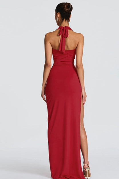 Deep V Halter Backless Slit Formal Dress