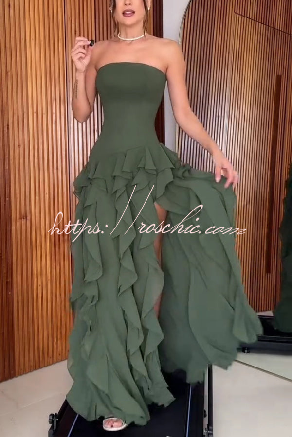 Elegant Sleeveless Off-shoulder Fitted Ruffled High Slit Maxi Dress