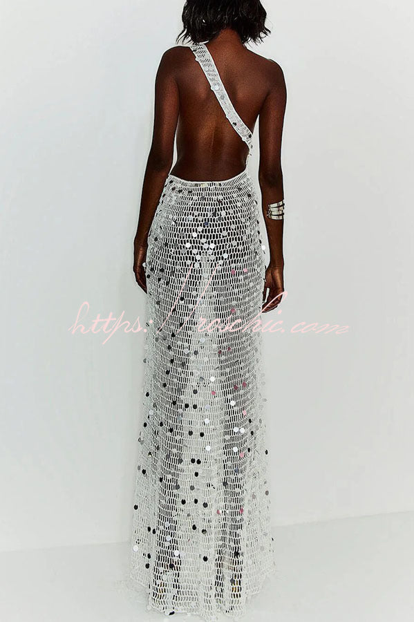 Sunshine Baby Knit Hollow Out Sequin One Shoulder Ring Detail Slit Cover-up Maxi Dress