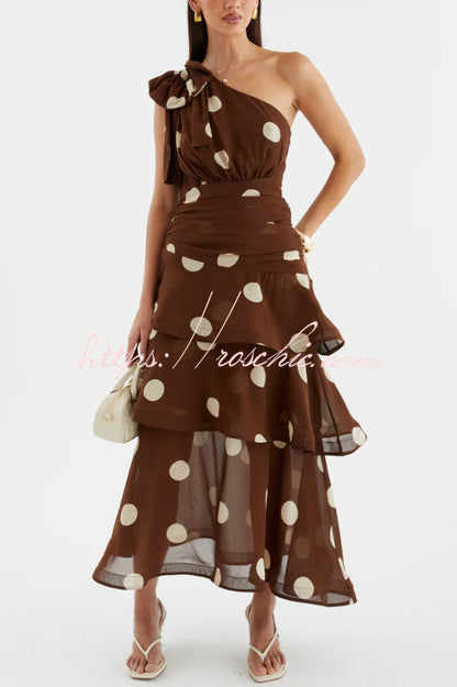 Fashionable Polka Dot Print One-shoulder Sleeveless Layered Mesh Maxi Dress