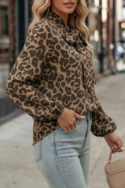 Leopard Print Bow Collar Long-sleeved Loose Shirt