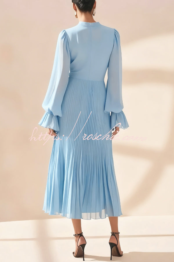 Solid Color Round Neck Long Sleeve Fitted Waist Pleated Ruffle Midi Dress