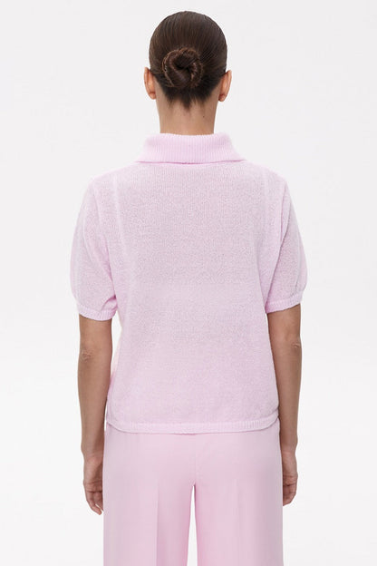 Blusa Minimalista Tejida Calada de Polo con Mangas Abullonadas
