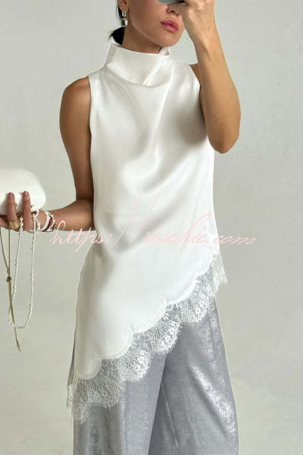 Solid Color Satin Spliced lace Sleeveless Irregular Casual Top