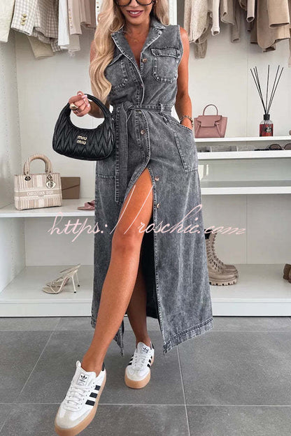 Solid Color Sleeveless Single Breasted Waist Tie Casual Pocket Denim Midi Dress