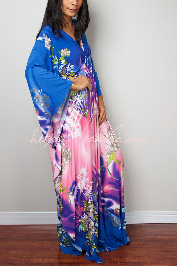 Unique Print Loose V-Neck Batwing Sleeve Casual Maxi Dress