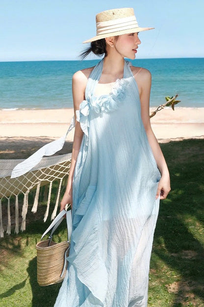 Vestido maxi halter elegante entallado con flores 3D