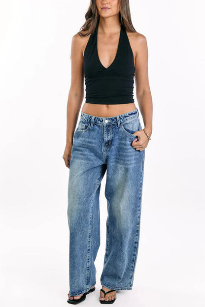 Retro-style Loose Heart-shaped Back Pockets Wide-leg Jeans