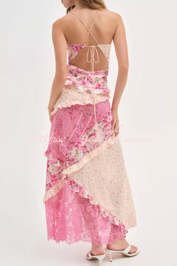 Fashionable Floral Print Lace Patchwork Hollow-out Slim Fit Vacation Ruffle Maxi Dress