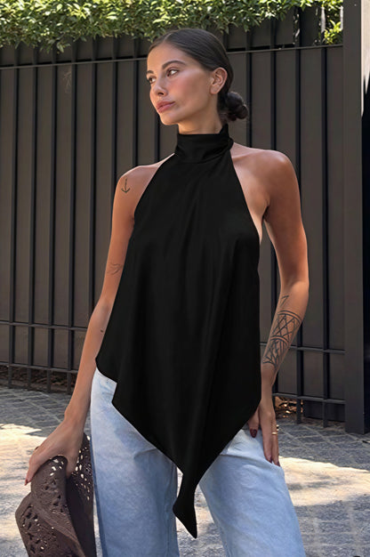 Top halter sin espalda de dobladillo irregular, suelto y ondulado