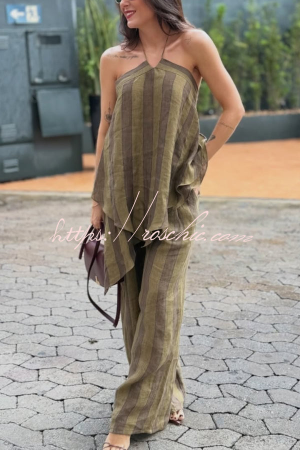 Striped Printed Halter Neck Sleeveless Asymmetrical Top and Elastic Waist Pocket Casual Wide-leg Pants Set