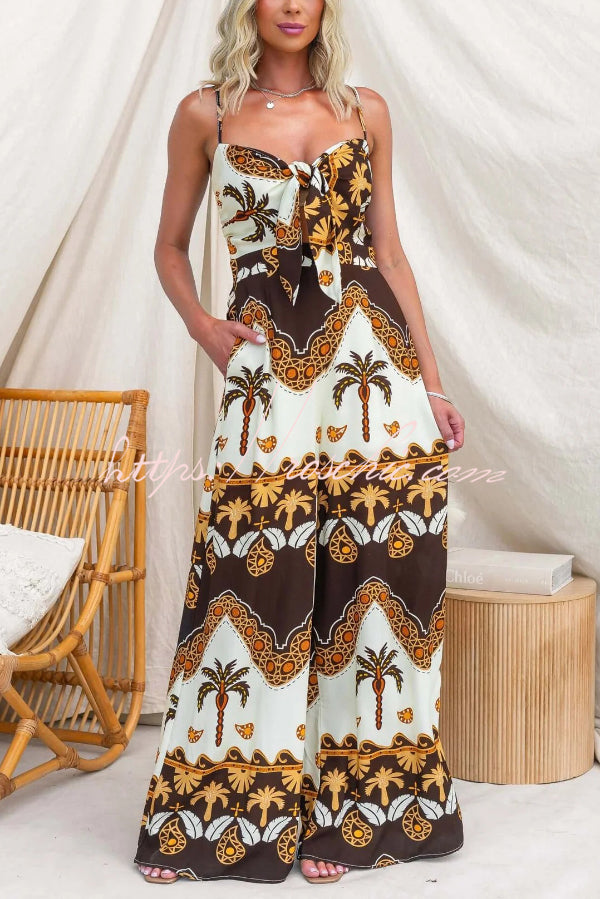 Unique Print Casual Spaghetti Strap High Waist Resort Loose Wide Leg Jumpsuit