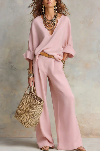 Linen Blend Solid Color Loose V-neck Top and Elastic Waist Pocket Casual Wide-leg Pants Set