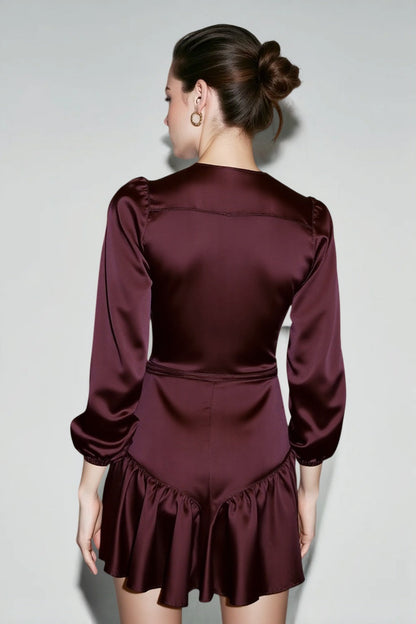 Lace-Up Ruffle V Neck A-Line Mini Dress