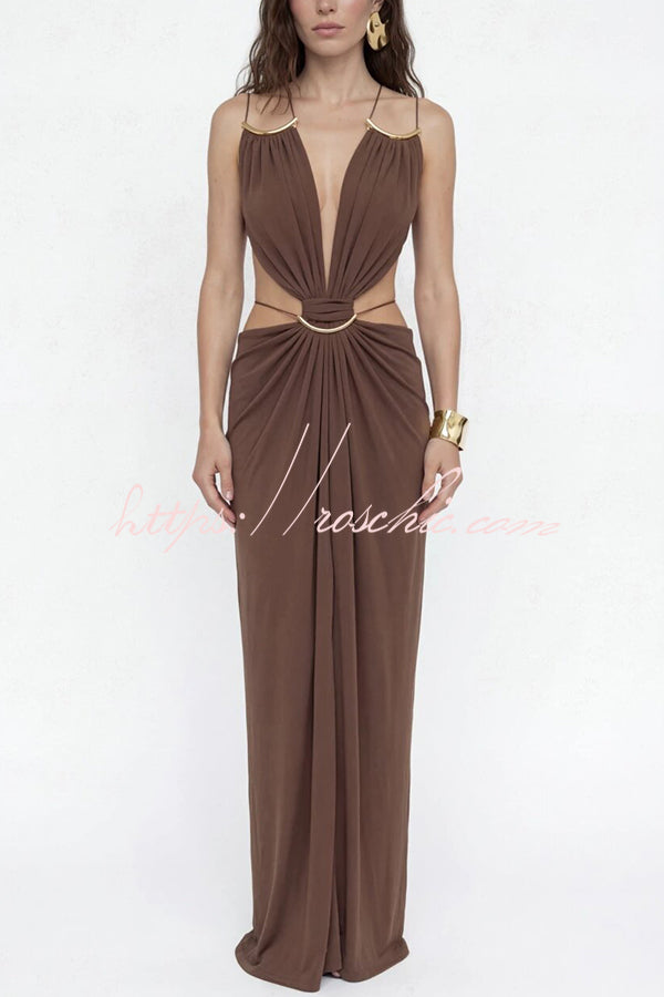 Athena Metal-Link Cutout Design Back Lace-up Drape Maxi Dress