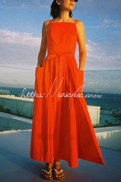 Solid Color Sleeveless Side Slit Tie-up Casual Vacation Pocket Maxi Dress