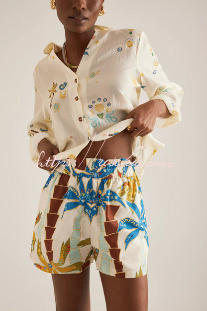 Linen Blend Summer Printed Collared Long-sleeved Shirt and Elastic Waist Pocket Casual Shorts Set