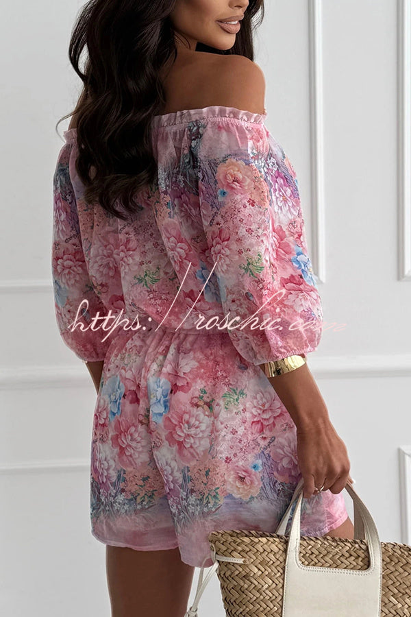 Fiorito Chiffon Floral Print Off Shoulder Top and Elastic Waist Tie-up Loose Shorts Set