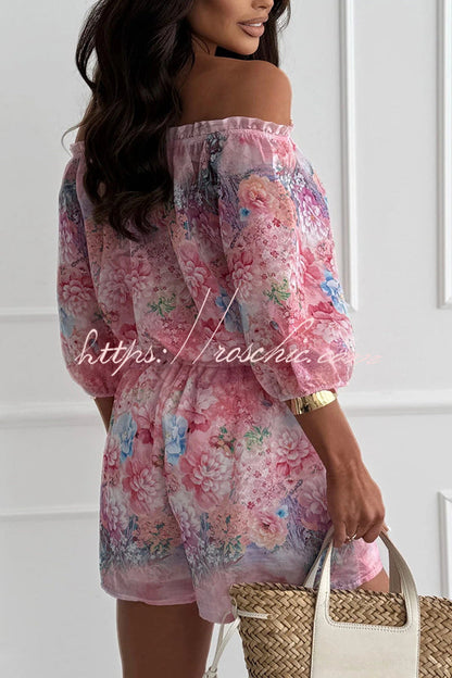 Fiorito Chiffon Floral Print Off Shoulder Top and Elastic Waist Tie-up Loose Shorts Set