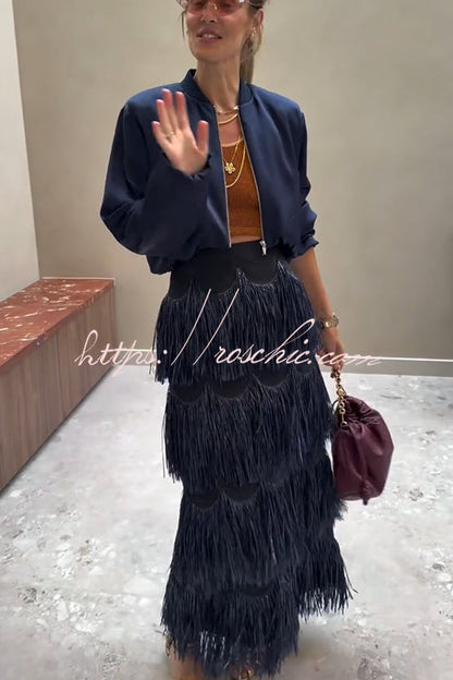 Freestyle Dance Steps Layered Tassels High Rise Back Zipper Slit Maxi Skirt