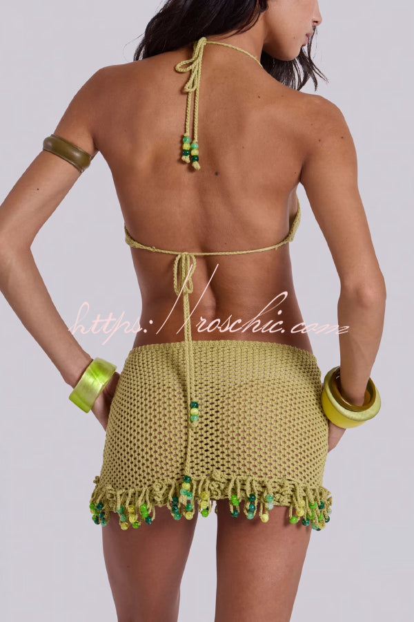 Fashionable Openwork Knit Halter Neck Tie Slim Fit Cover-up Mini Dress