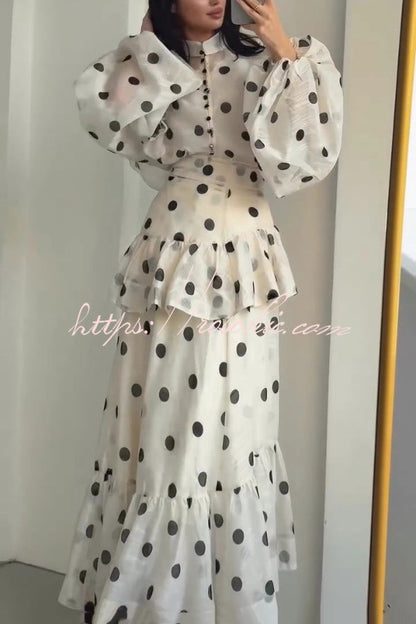 Stylish Polka Dot Print Stand Collar Long Sleeve Elegant Ruffle Maxi Dress