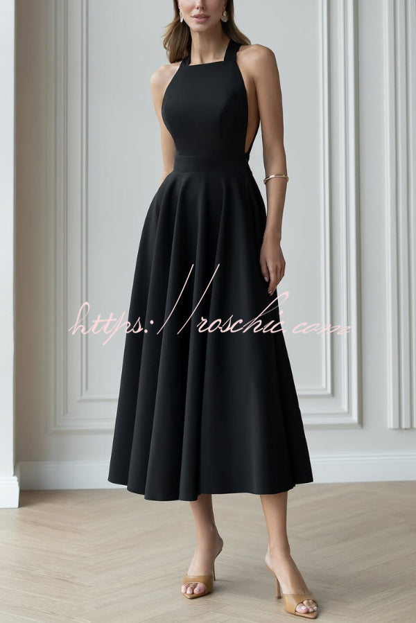 Solid Color Halter Neck Bow Tie Elegant Waist-cinching Midi Dress