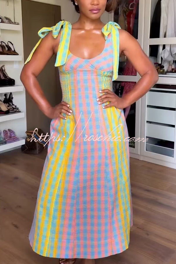 Sweet Colorful Plaid Scoop Neckline Adjustable Shoulder Ties Pocket Midi Dress