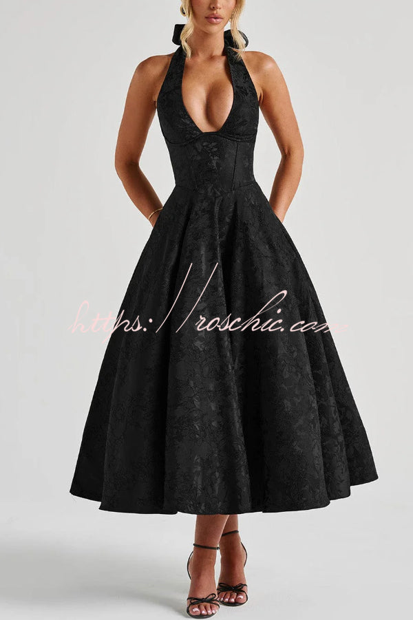 Stylish Jacquard Halter Neck Fitted Waist Open Back Elegant Midi Dress