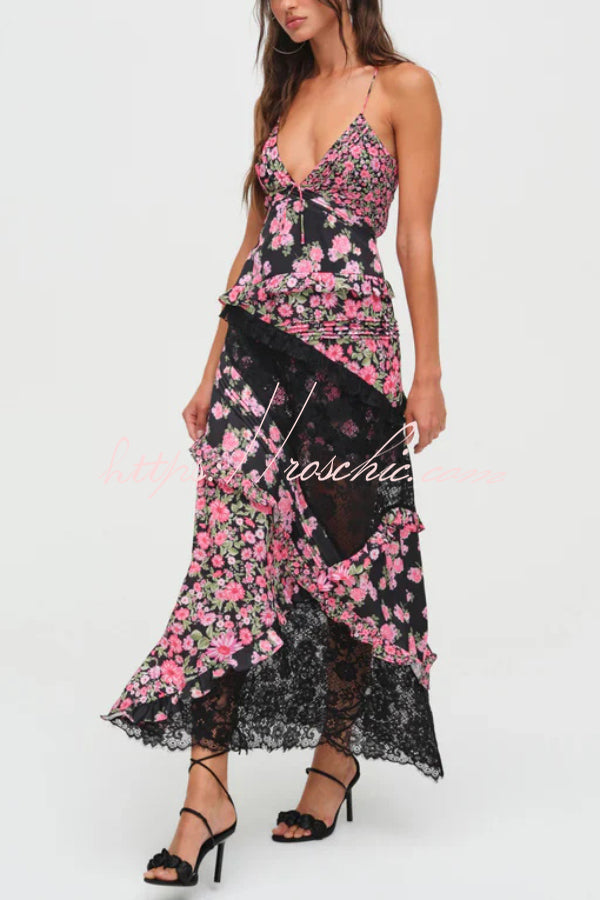 Fashionable Floral Print Lace Patchwork Hollow-out Slim Fit Vacation Ruffle Maxi Dress