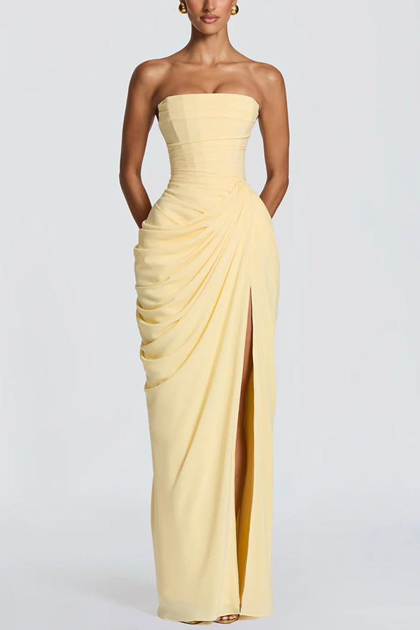Cyra Back Lace-up Asymmetrical Pleats Strapless Slit Maxi Dress（Buy 2 Get Free Shipping）