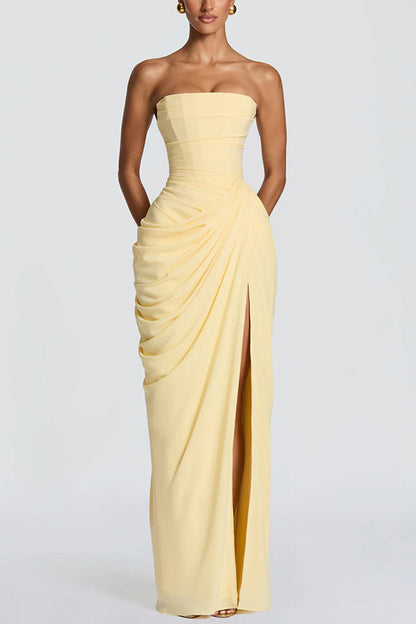 Cyra Back Lace-up Asymmetrical Pleats Strapless Slit Maxi Dress（Buy 2 Get Free Shipping）