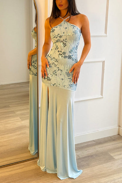 Fashionable Sequined Halter Neck Elegant Slim-fit Slit Maxi Dress