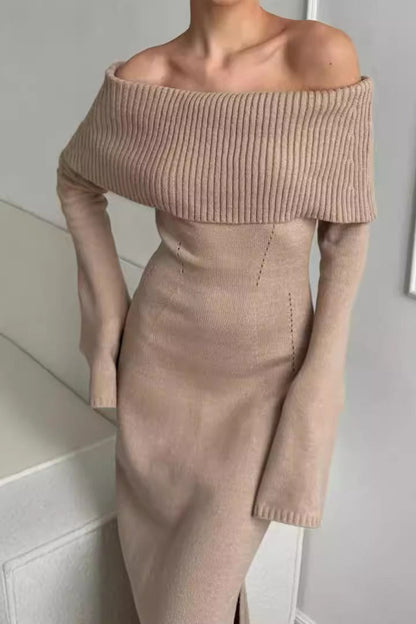 Collared Off-Shoulder  Knit Sweater Dress