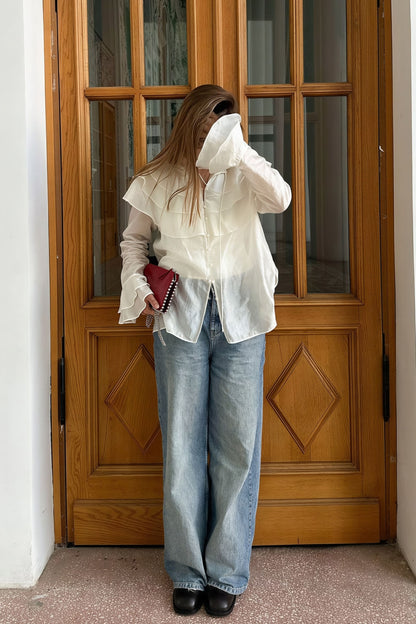 Blusa de chifón Tencel con volantes en las mangas y vuelo