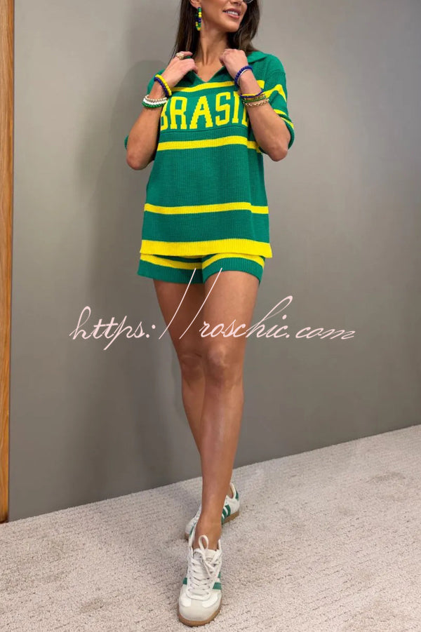 World Cup-themed Jacquard V-neck Short-sleeved Loose-fitting Top and Casual Stretch Shorts Knit Set