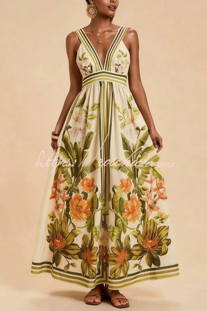Botanical Print V-neck Backless Pleated Casual Vacation Maxi Dress
