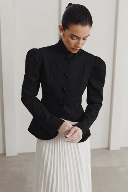 French Elegant Stand Collar Puff Sleeve Blazer