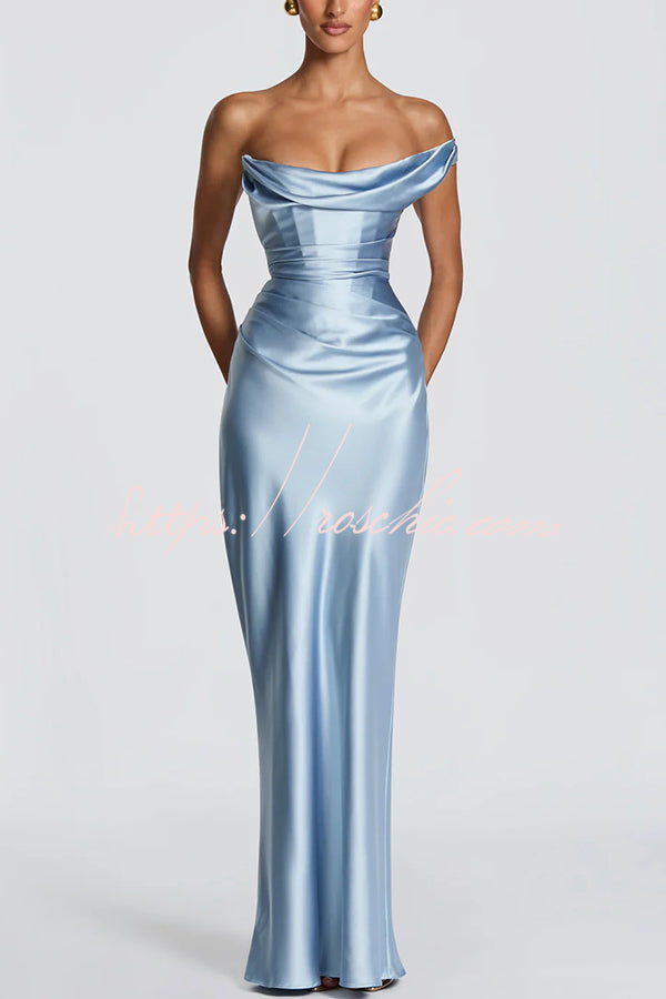 Thalassa Satin One Shoulder Scooped Neck Bias Cut Pleated Maxi Dress