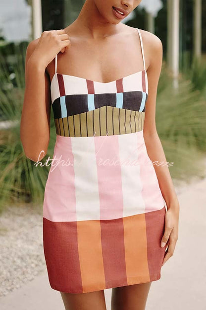 Susane Linen Blend Color Block Print Adjustable Shoulder Strap Mini Dress