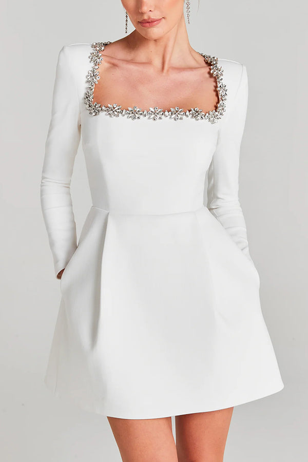 Endless Celebration Velvet Jewel Embellished Trim Long Sleeve Pocketed Mini Dress (Shipped Within 24 Hours)