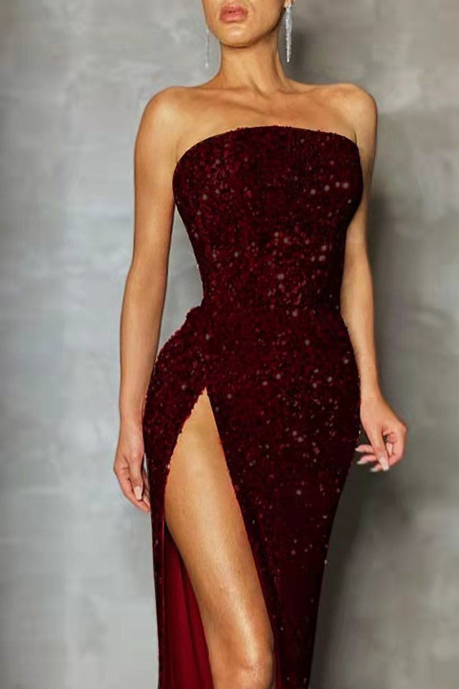 Sequin Split Strapless Off Shoulder  Formal Dress