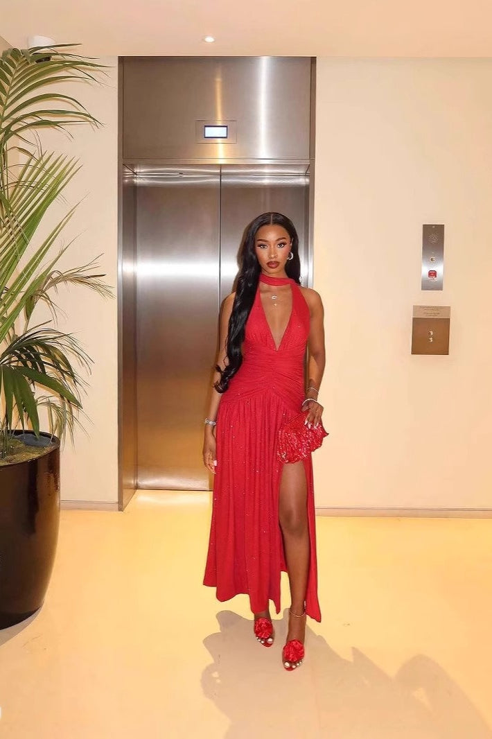Sleeveless Backless Deep V Sequin Slit  Formal Dress